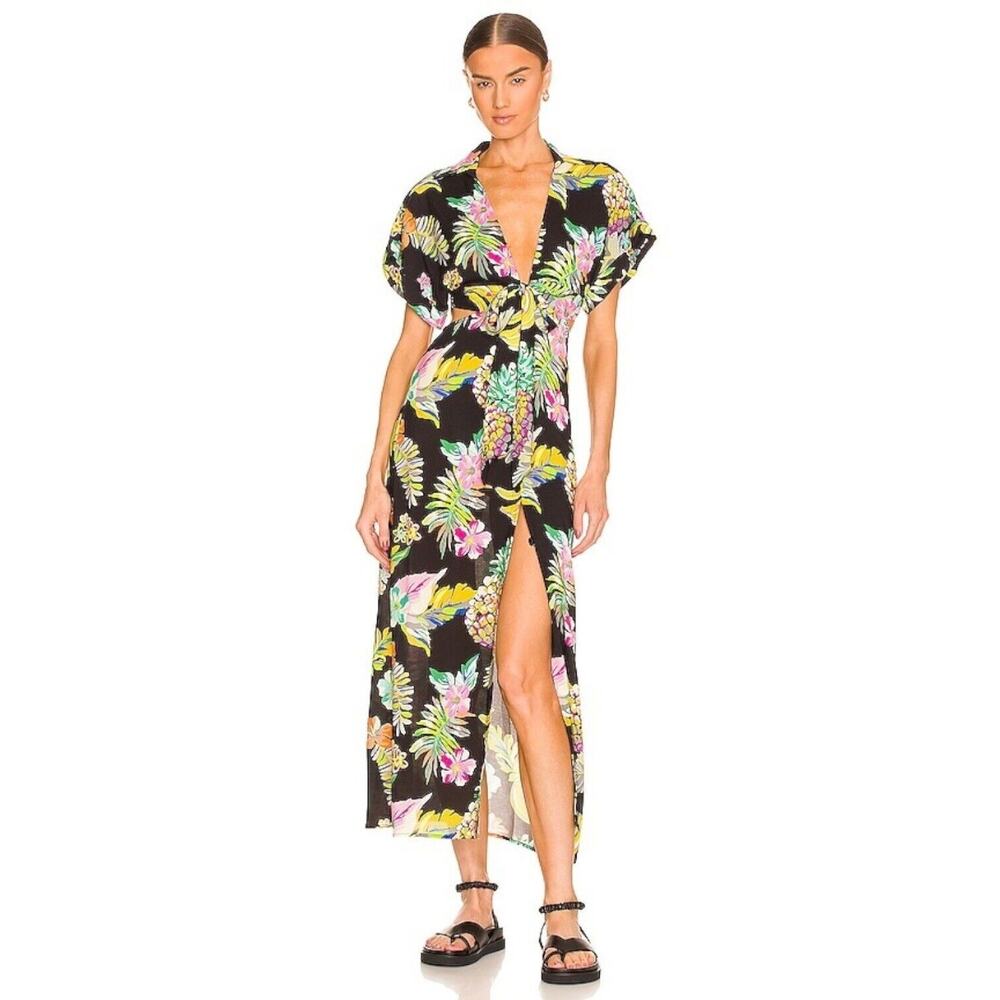 Le Superbe Revolve Mai Tai Might Black Tropi Cali Midi Dress Size 6 Fruit Floral